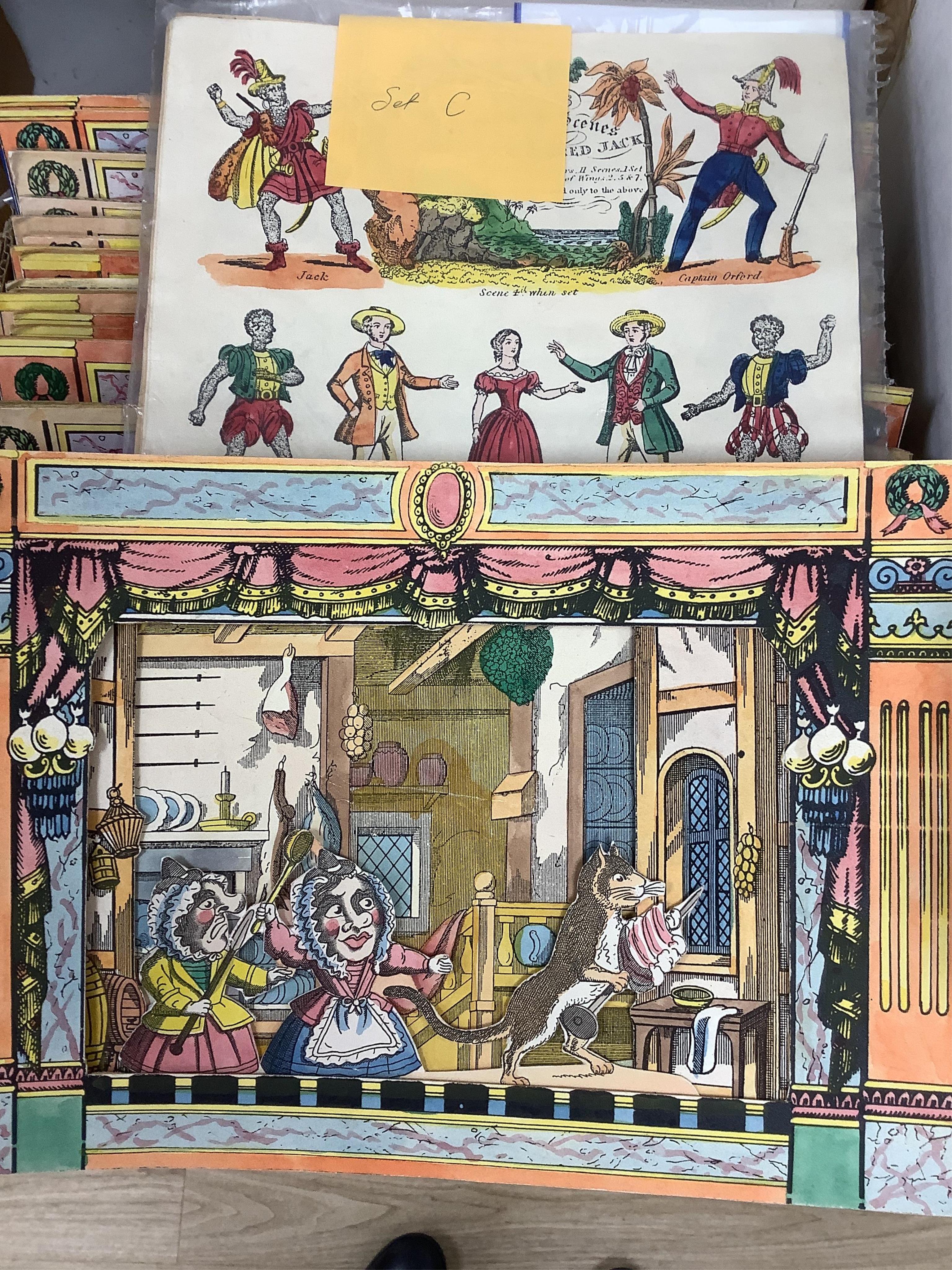 Juvenile Drama, a group of hand painted toy theatre back drops including Remington, Pollock, Webb etc. various sets of characters and scenes (2 boxes)